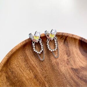 4/$15 Silver Dangling Chain Heart Yellow Butterfly Earrings